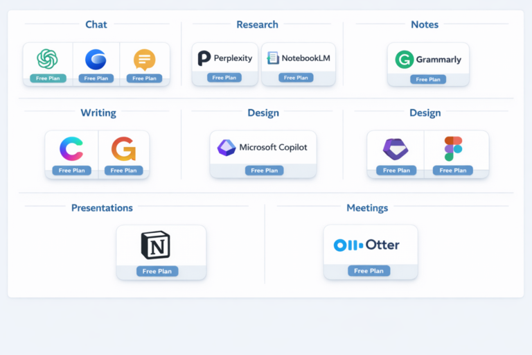 Best free AI tools in 2026 grouped by writing research design and productivity