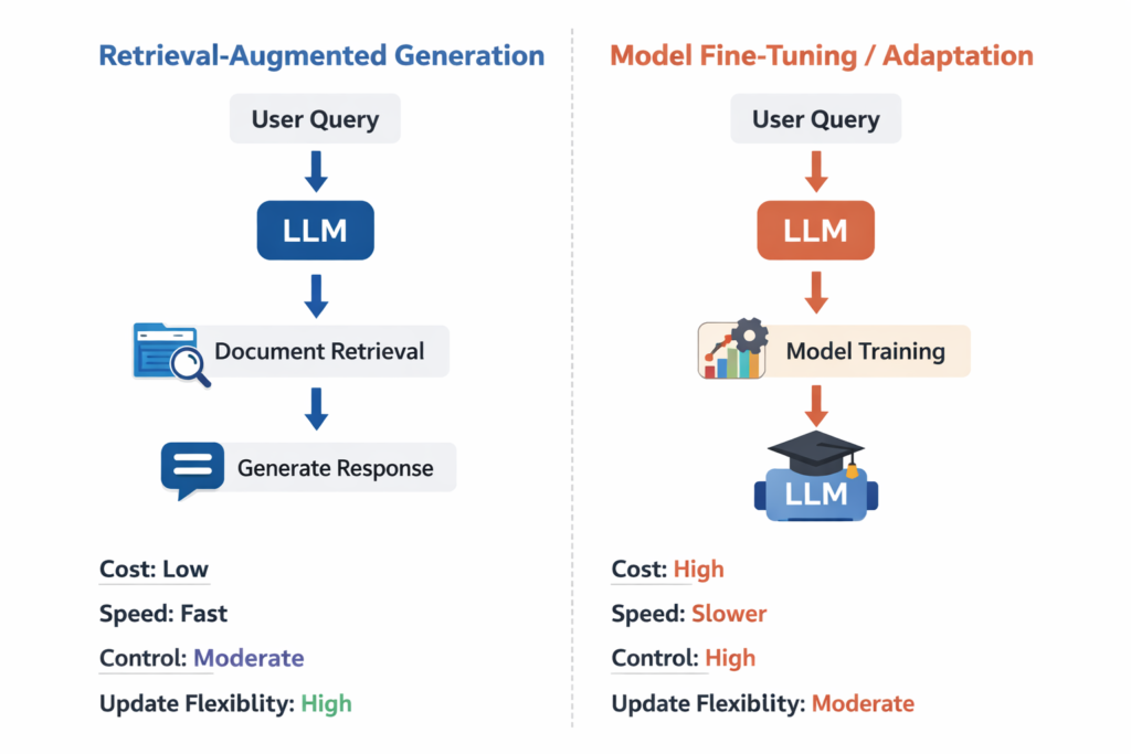 RAG vs fine-tuning comparison diagram for AI systems
