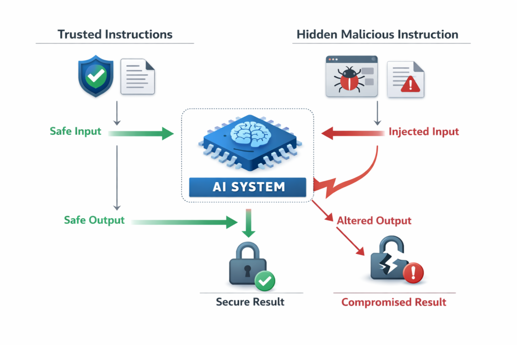 What is prompt injection: AI prompt safety diagram with prompt injection risks