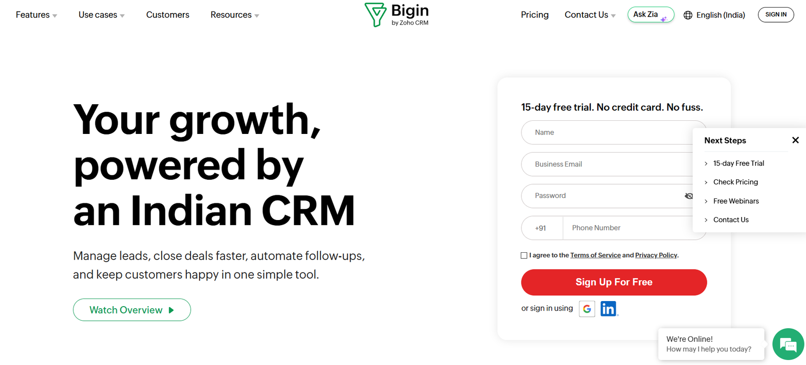 low cost ai tools for startups and small teams: bigin by zoho crm