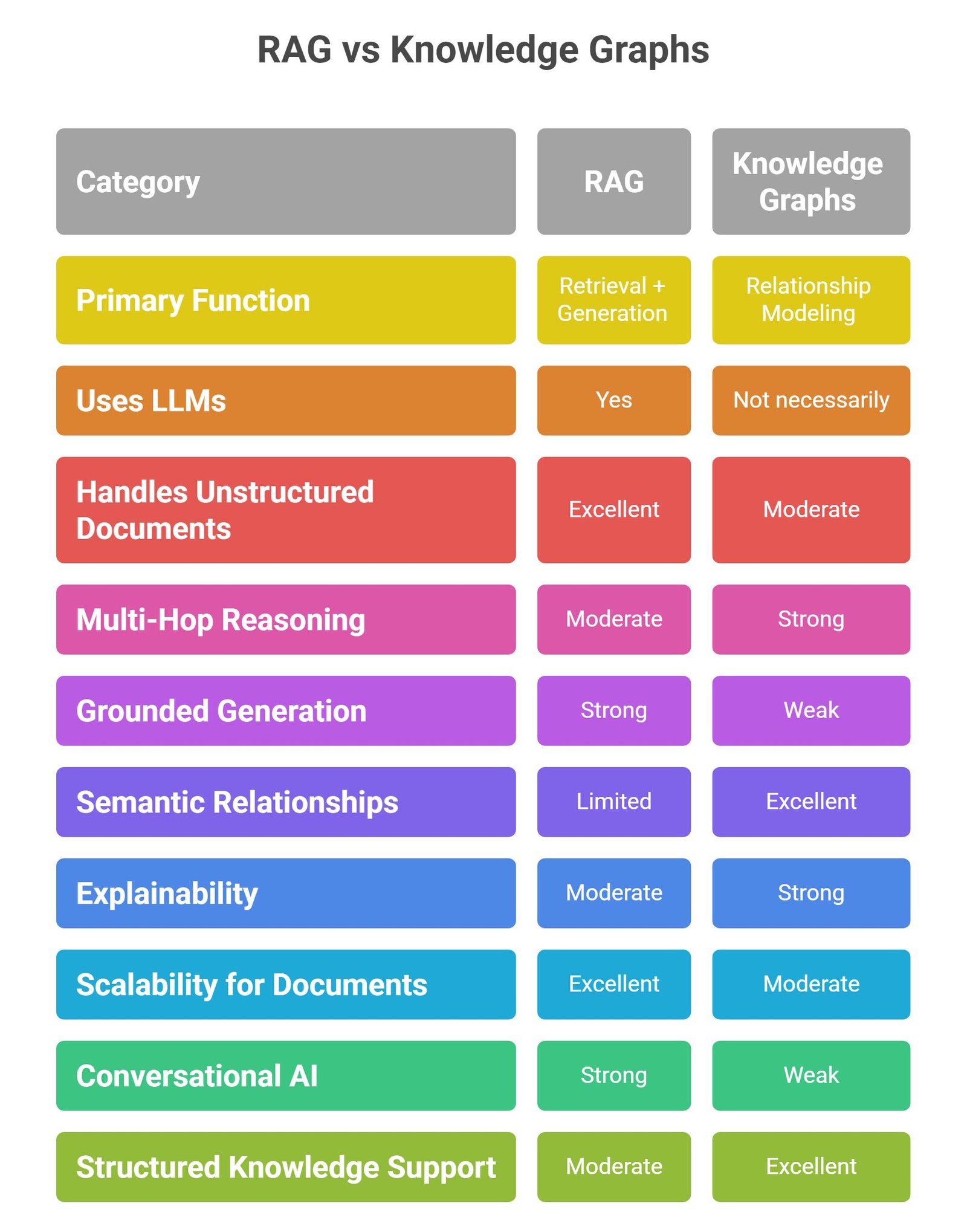 RAG vs knowledge graphs comparison showing semantic retrieval systems, graph databases, entity relationships, and grounded AI architectures
