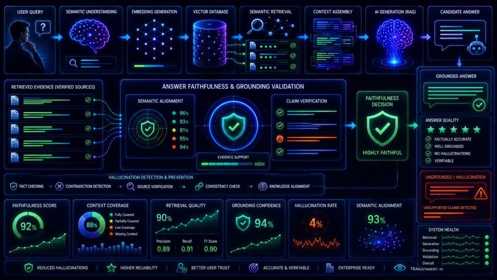 Answer faithfulness in RAG visual showing grounded AI responses, semantic retrieval validation, and hallucination detection systems