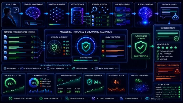 Answer faithfulness in RAG visual showing grounded AI responses, semantic retrieval validation, and hallucination detection systems
