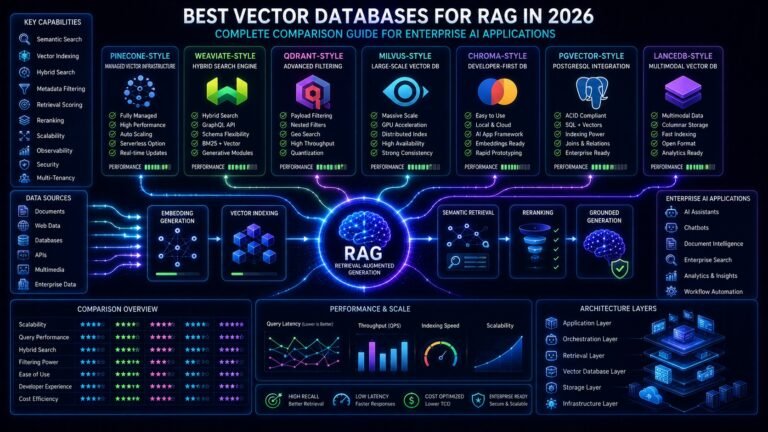 Best vector databases for RAG comparison showing semantic search, embeddings, vector indexes, and enterprise AI retrieval systems