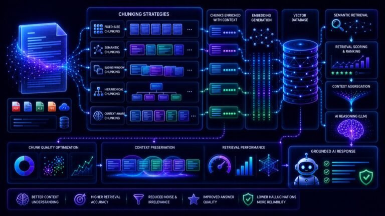 Chunking strategies for RAG visual showing semantic chunking, embeddings, vector databases, and AI retrieval optimization