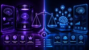Split-screen comparison of closed source and open source LLMs in 2026