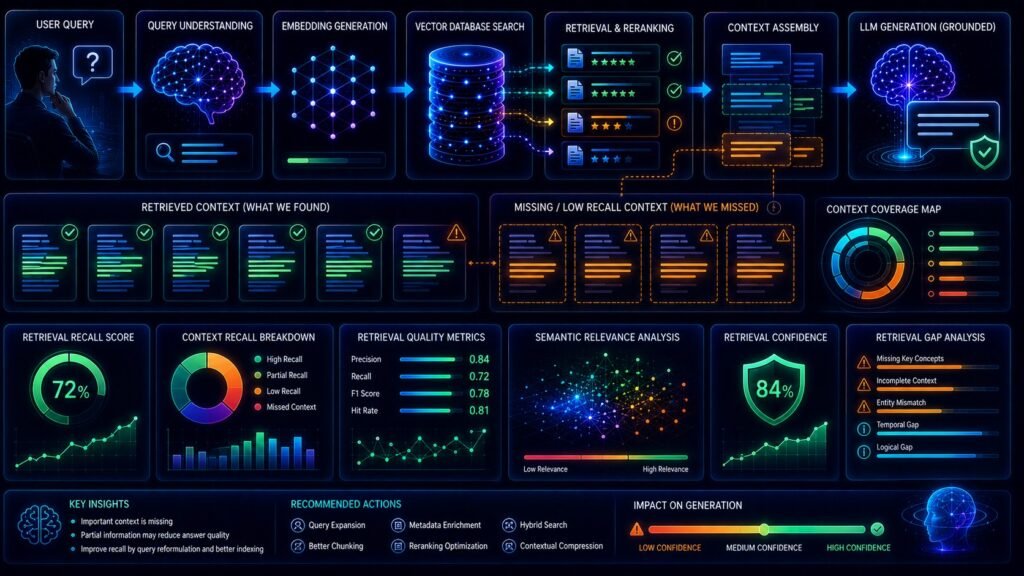 Context recall in RAG visual showing retrieval quality analysis, semantic search systems, missing contextual information, and AI evaluation dashboards
