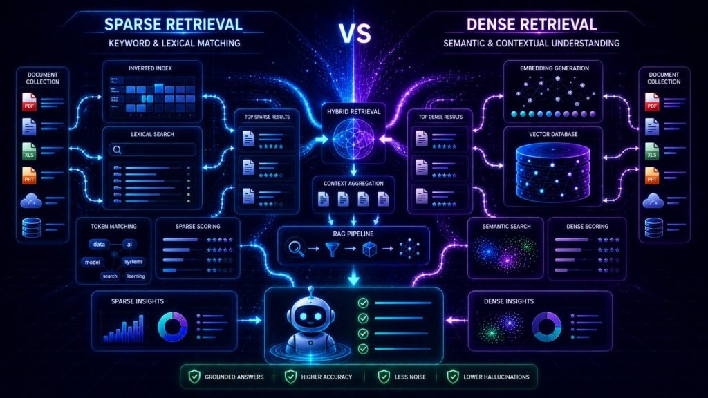 Dense retrieval vs sparse retrieval visual showing semantic search, keyword retrieval, embeddings, and AI search systems
