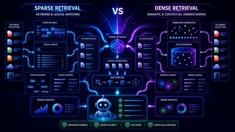 Dense retrieval vs sparse retrieval visual showing semantic search, keyword retrieval, embeddings, and AI search systems