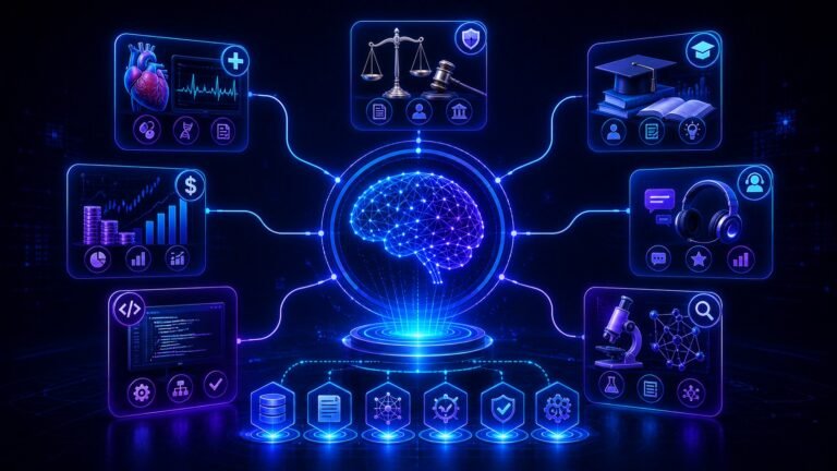 Domain specific language models connected to healthcare, finance, law, education, and business use cases
