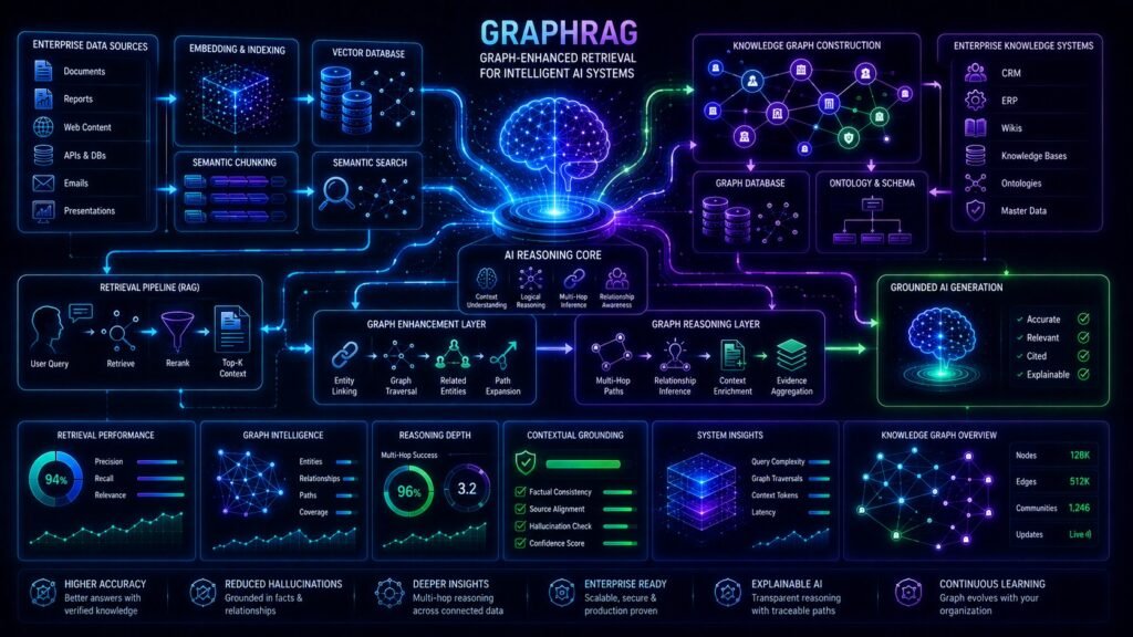 GraphRAG explained architecture showing knowledge graph reasoning, semantic retrieval systems, vector databases, and grounded AI generation