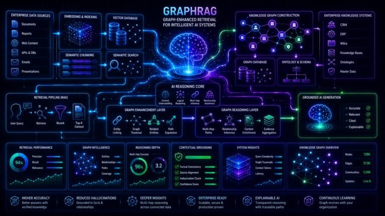 GraphRAG explained architecture showing knowledge graph reasoning, semantic retrieval systems, vector databases, and grounded AI generation