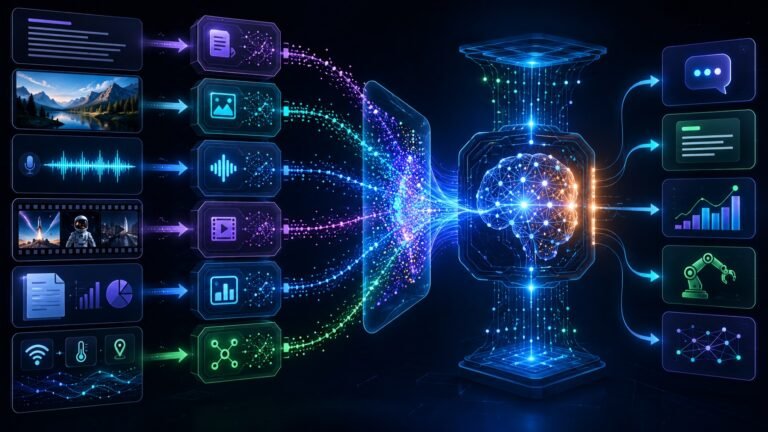 How Multimodal AI works: Multimodal AI workflow showing text, images, audio, video, documents, embeddings, fusion layers, and AI reasoning connected together