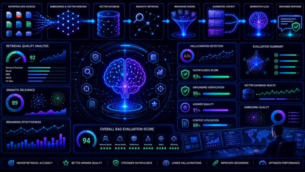 How to evaluate RAG systems visual showing AI benchmarking dashboards, hallucination detection, retrieval scoring, and semantic relevance analysis