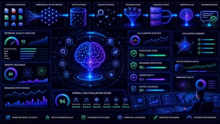 How to evaluate RAG systems visual showing AI benchmarking dashboards, hallucination detection, retrieval scoring, and semantic relevance analysis