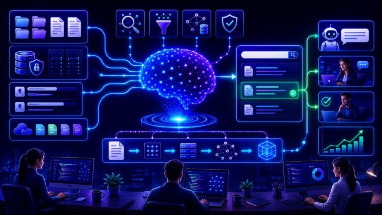 LLM for knowledge bases explained: LLM knowledge base visual showing AI search, document Q&A, RAG, and business knowledge management