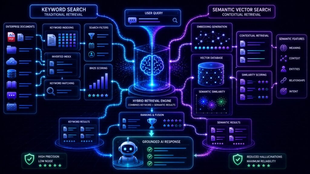 Hybrid search in RAG visual showing semantic retrieval, keyword search, embeddings, vector databases, and AI retrieval pipelines