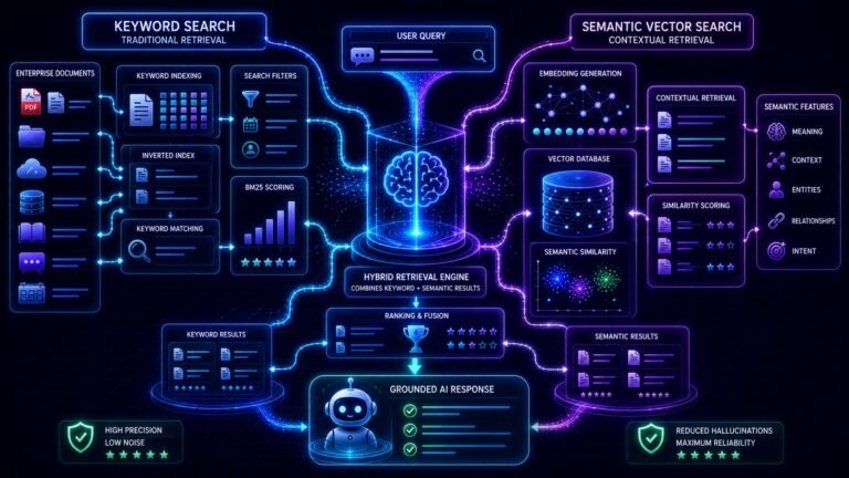 Hybrid search in RAG visual showing semantic retrieval, keyword search, embeddings, vector databases, and AI retrieval pipelines