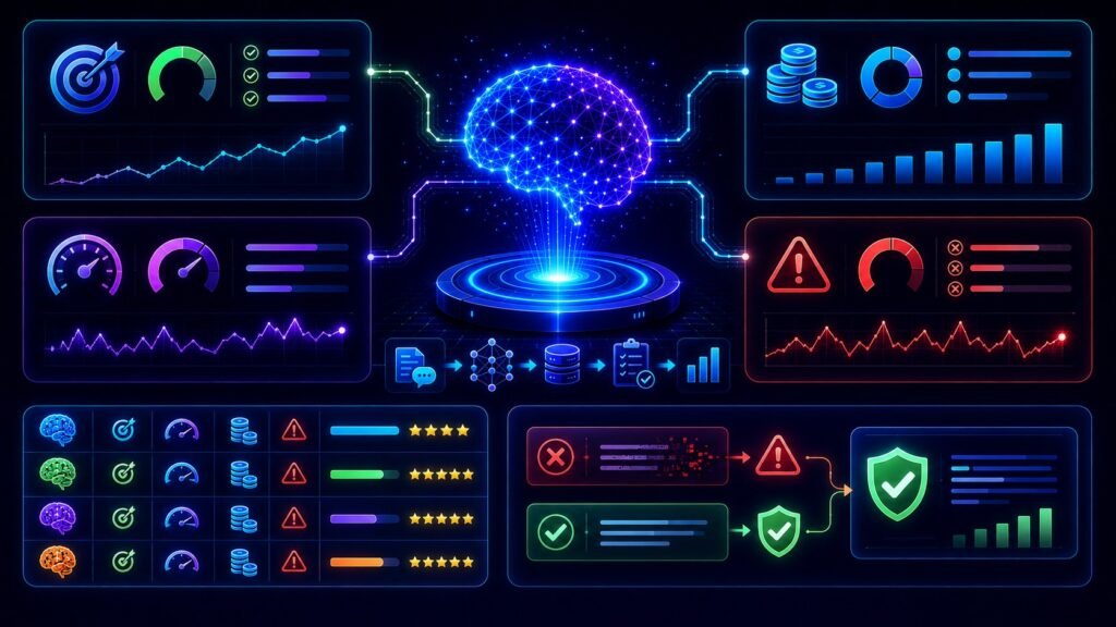 LLM Benchmarking Explained: LLM benchmarking dashboard showing accuracy, speed, cost, and hallucination testing