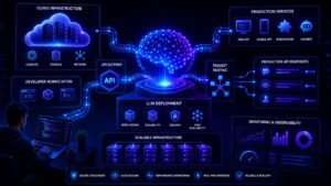 LLM deployment architecture showing cloud servers, APIs, and production AI infrastructure