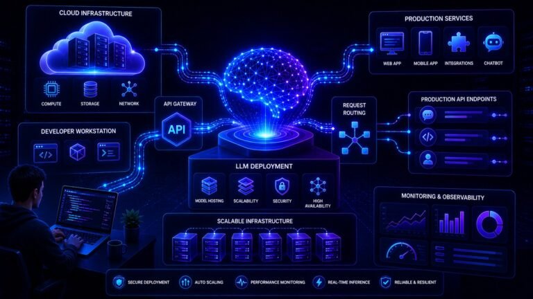 LLM deployment architecture showing cloud servers, APIs, and production AI infrastructure