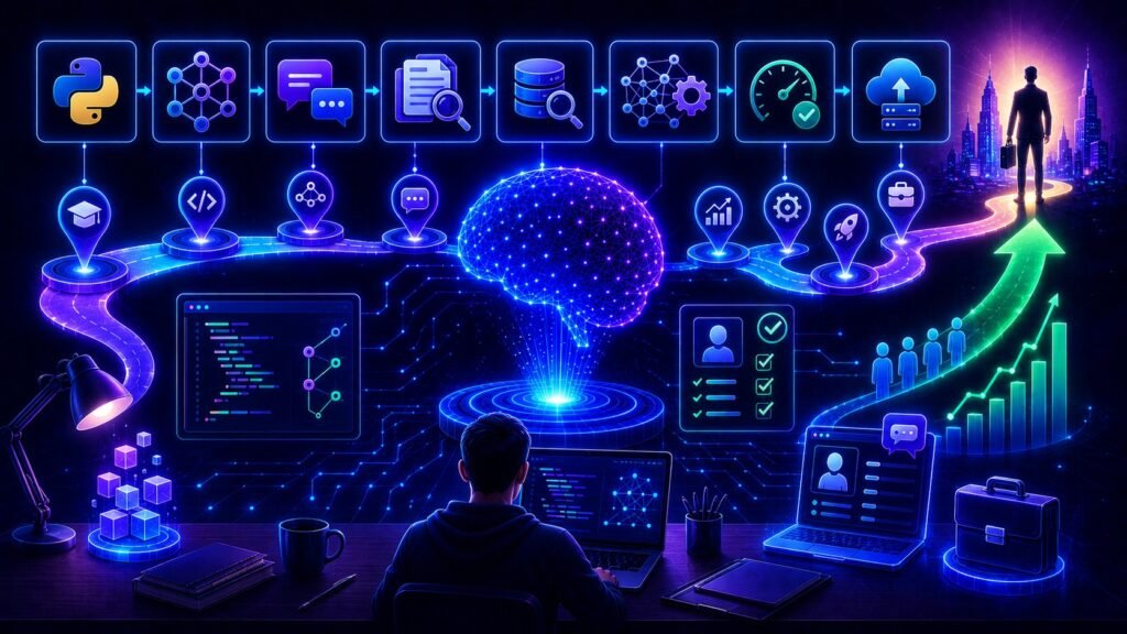 LLM engineer roadmap: LLM roadmap for beginners showing AI skills, learning milestones, projects, and career growth path