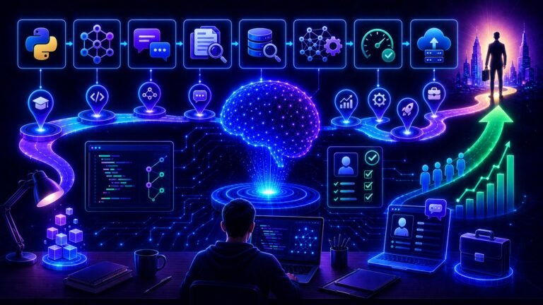 LLM engineer roadmap: LLM roadmap for beginners showing AI skills, learning milestones, projects, and career growth path