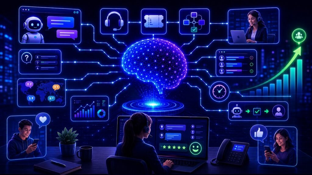LLM for customer support explained: LLM customer support visual showing AI chat assistance, help desk automation, ticket handling, and service workflows