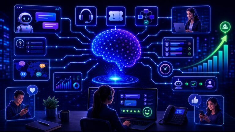 LLM for customer support explained: LLM customer support visual showing AI chat assistance, help desk automation, ticket handling, and service workflows
