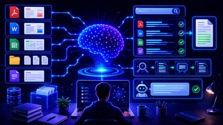 LLM for document search explained: LLM document search visual showing AI file search, semantic retrieval, and question answering across documents