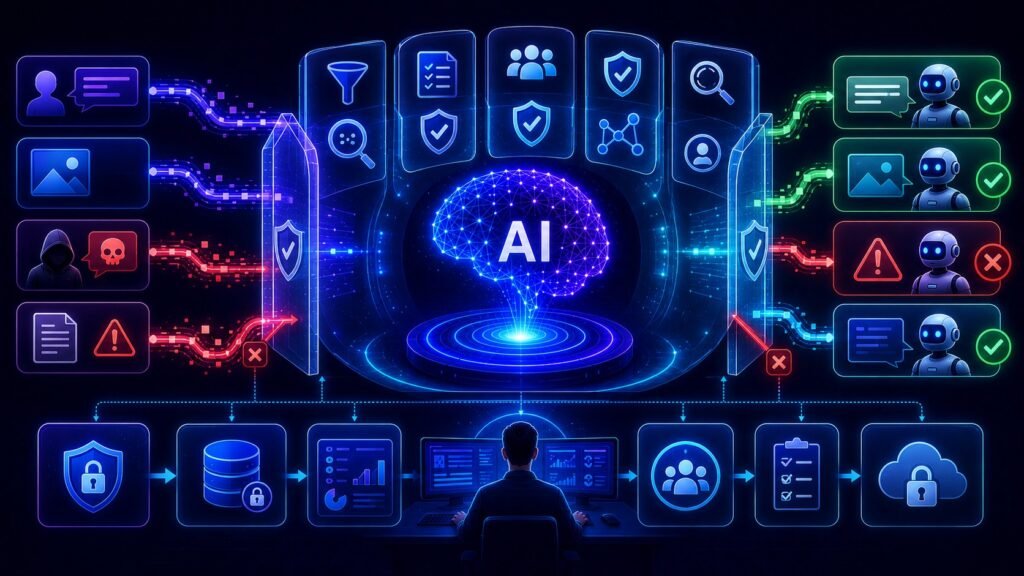 LLM Guardrails Explained: LLM guardrails visual showing safer AI systems with filtering, validation, policy checks, and human oversight