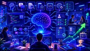 LLM interview questions guide: LLM interview preparation visual showing AI job questions, coding tests, skills, and career readiness