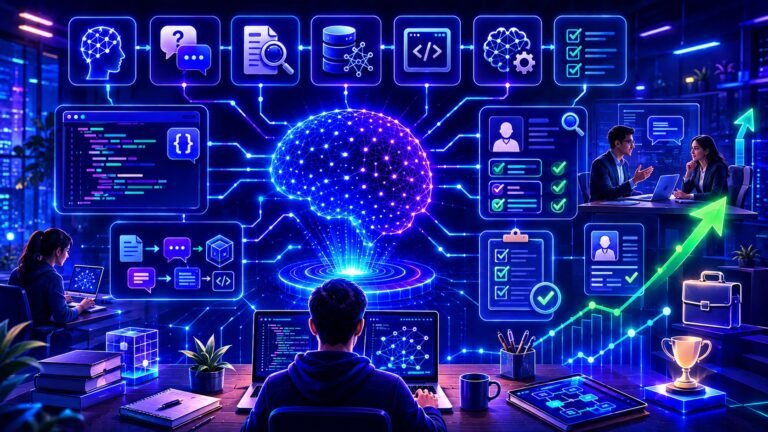LLM interview questions guide: LLM interview preparation visual showing AI job questions, coding tests, skills, and career readiness