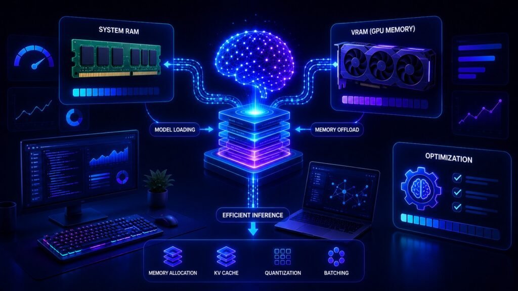 LLM memory usage showing RAM, VRAM, and optimization in a futuristic AI hardware scene