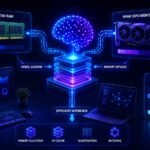 LLM memory usage showing RAM, VRAM, and optimization in a futuristic AI hardware scene