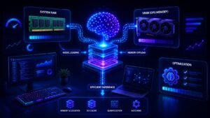 LLM memory usage showing RAM, VRAM, and optimization in a futuristic AI hardware scene
