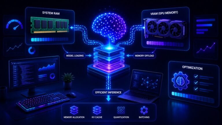 LLM memory usage showing RAM, VRAM, and optimization in a futuristic AI hardware scene
