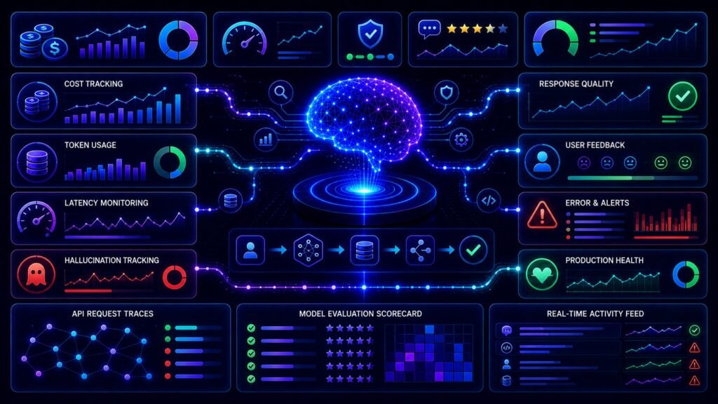 LLM monitoring dashboard: LLM monitoring dashboard tracking cost, quality, latency, hallucinations, token usage, and production health