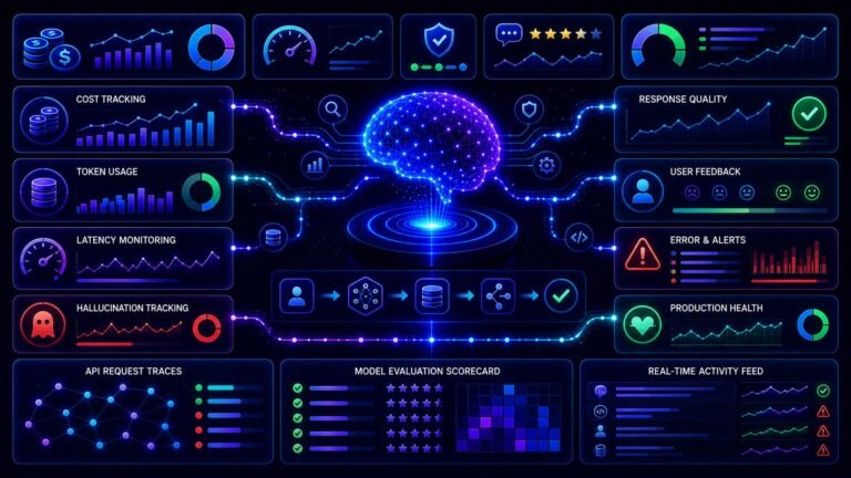 LLM monitoring dashboard: LLM monitoring dashboard tracking cost, quality, latency, hallucinations, token usage, and production health