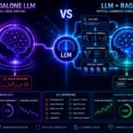 LLM plus RAG vs standalone LLM comparison showing semantic retrieval systems, grounded AI generation, vector databases, and hallucination reduction