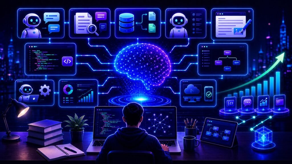 LLM project ideas visual showing AI portfolio apps, coding projects, chatbots, and practical development workflows