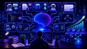 LLM project ideas visual showing AI portfolio apps, coding projects, chatbots, and practical development workflows