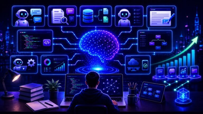 LLM project ideas visual showing AI portfolio apps, coding projects, chatbots, and practical development workflows