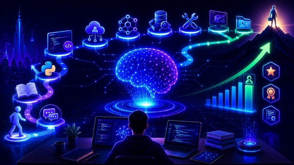 LLM roadmap for beginners: LLM roadmap for beginners showing AI skills, learning milestones, projects, and career growth path