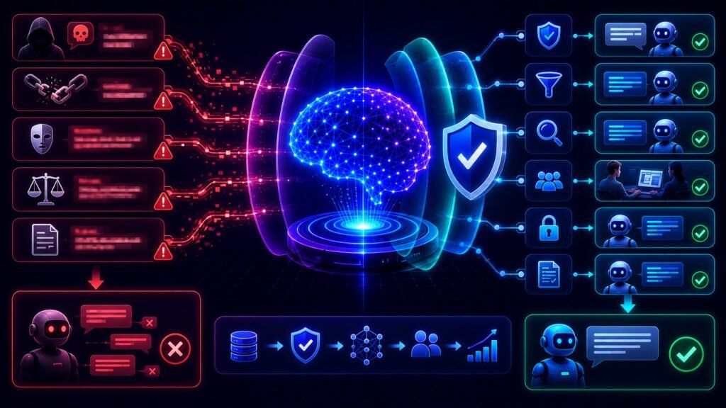 LLM Safety Basics: LLM safety concept showing AI risks, safety guardrails, and best practices for secure model use