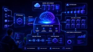 Visual showing LLM serving with deployment, APIs, and scaling infrastructure