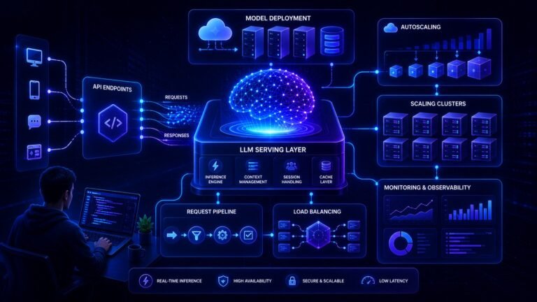 Visual showing LLM serving with deployment, APIs, and scaling infrastructure