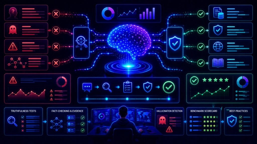 llm truthfulness evaluation explained: LLM truthfulness evaluation dashboard showing fact checking, accuracy metrics, verified sources, and hallucination detection