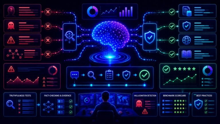 llm truthfulness evaluation explained: LLM truthfulness evaluation dashboard showing fact checking, accuracy metrics, verified sources, and hallucination detection