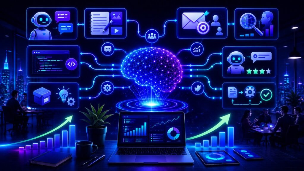 LLM use cases for startups showing AI automation, sales, content, customer support, and business growth workflows